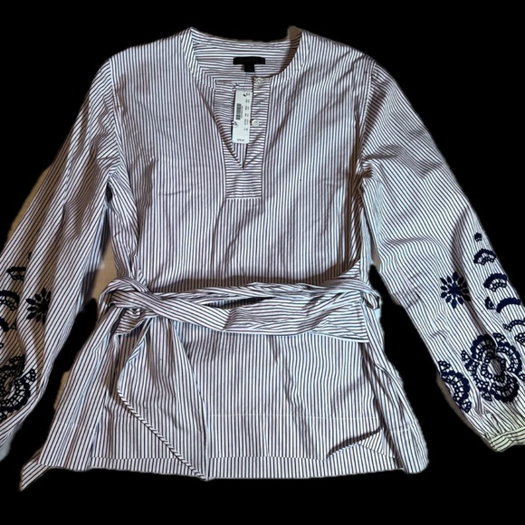 J. Crew Embroidered Navy/Red Pinstripes Tie Front Blouse (NWT) - Picture 7 of 7